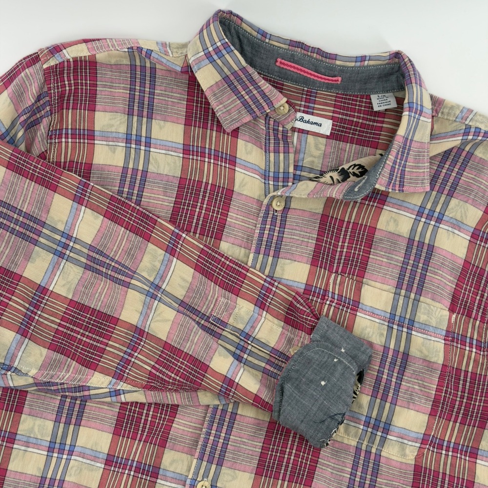 Tommy Bahama Mens L Plaid Button Down Long Sleeve Shirt Tan Red Blue Tropical